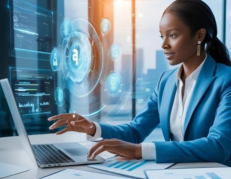 Professional businesswoman using AI analytics dashboard on laptop with futuristic artificial intelligence interface and data visualization charts to manage Banking Operational Risks in Africa in a modern digital office.