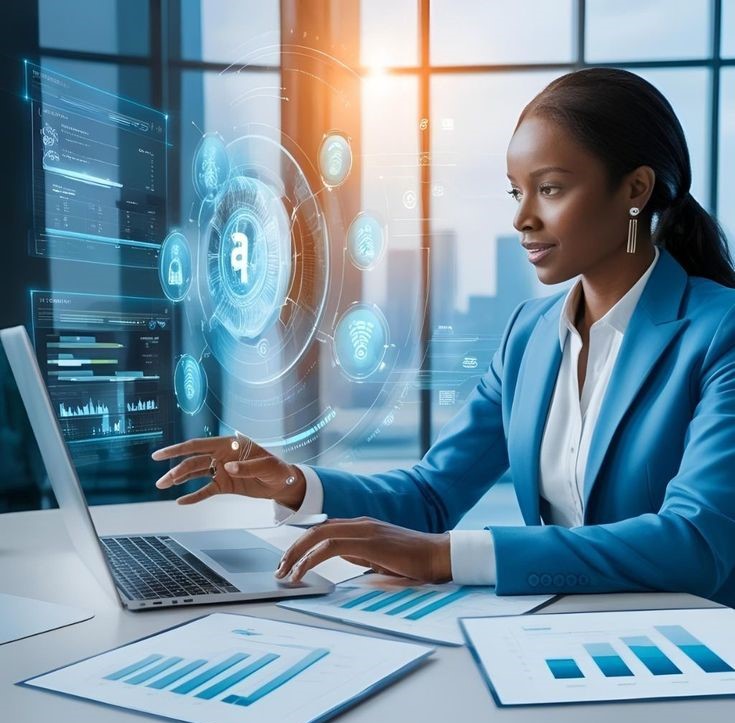 Professional businesswoman using AI analytics dashboard on laptop with futuristic artificial intelligence interface and data visualization charts to manage Banking Operational Risks in Africa in a modern digital office.