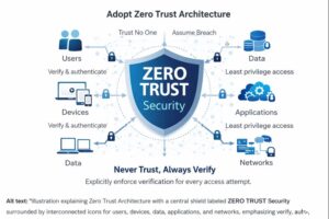 Zero Trust Architecture security model illustration showing continuous verification of users and devices, least-privilege access to data and applications, and protection across enterprise networks.