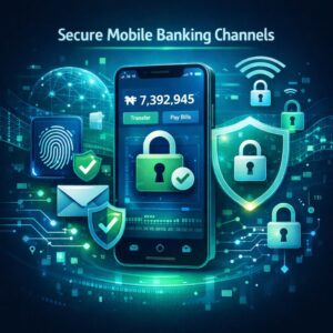 Digital illustration of secure mobile banking channels showing a smartphone with a banking app interface. Surrounding the phone are security elements including padlock icons, shield icons, fingerprint scan, and encrypted data streams.