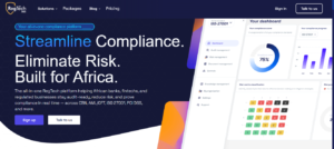RegTech 365 compliance platform dashboard showing ISO 27001 risk management metrics, audit tracking, and real-time regulatory compliance tools built for African banks and fintechs.